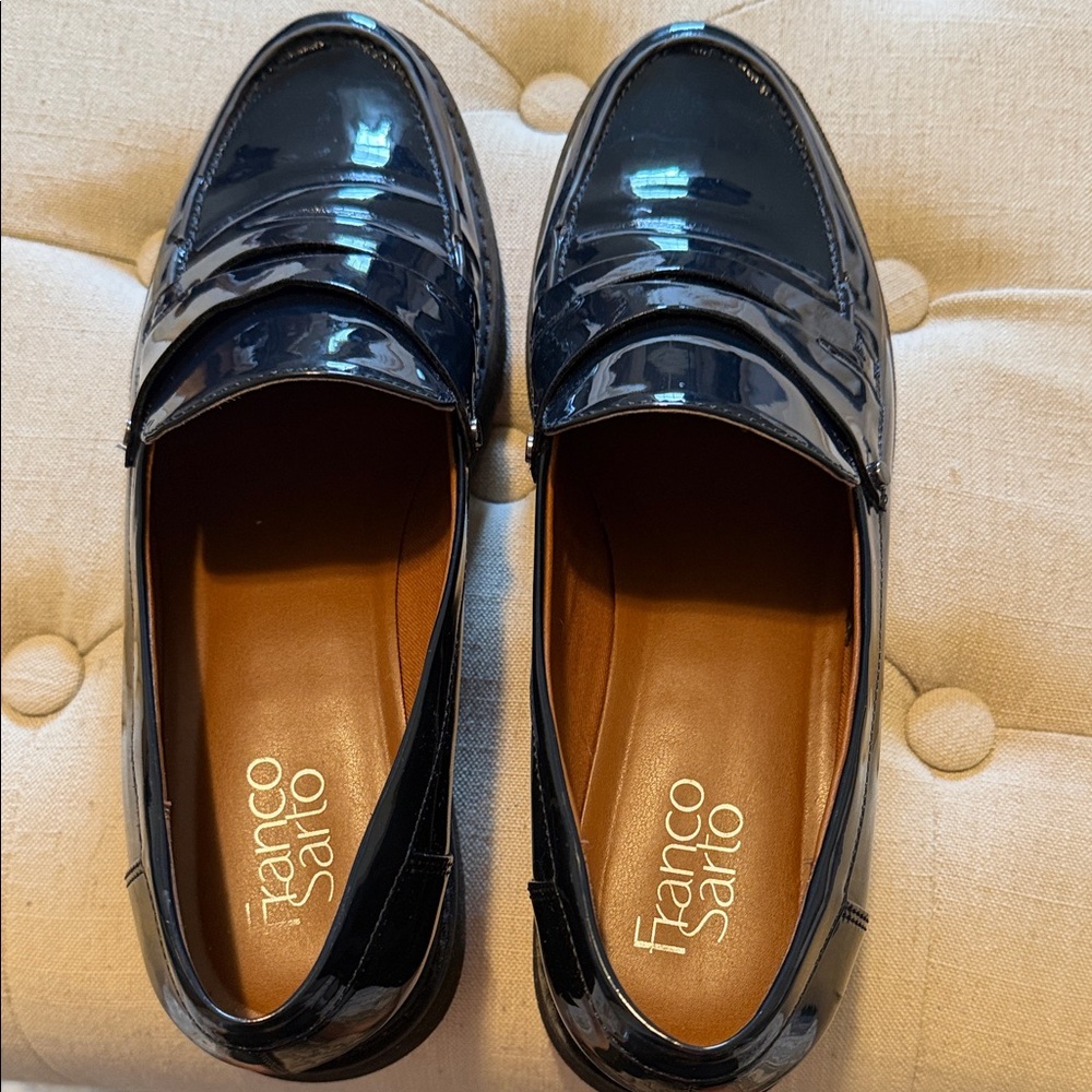 Franco Sarto Navy Blue Patent Penny Loafers - worn once!!!!!  Like new!!!